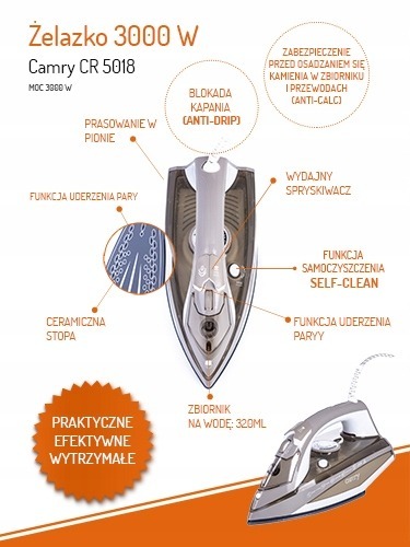 ŻELAZKO PAROWE MOC 3000W CAMRY CR5018 ANTICALC