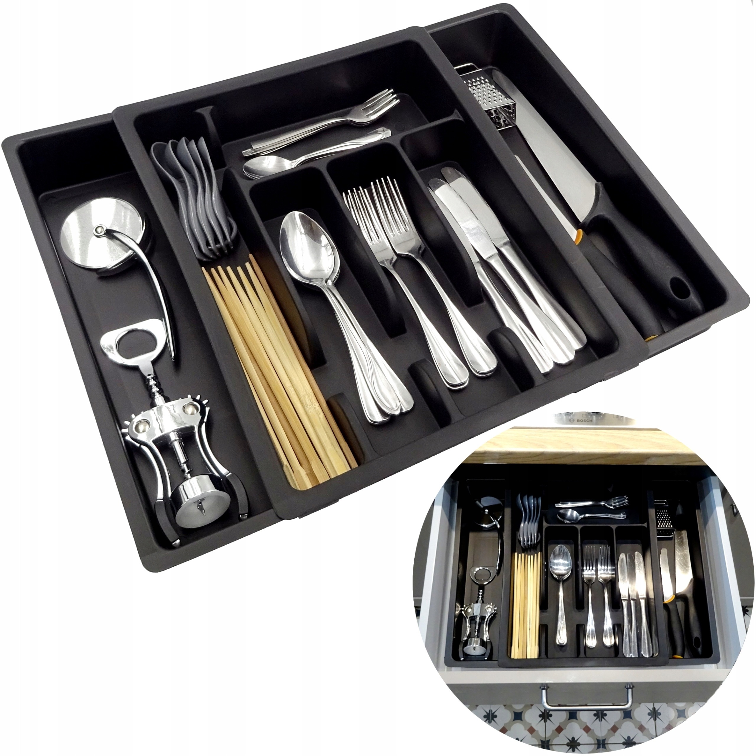 ROZSUWANY WKŁAD DO SZUFLADY ORGANIZER NA SZTUĆCE 46,5 x 38 cm