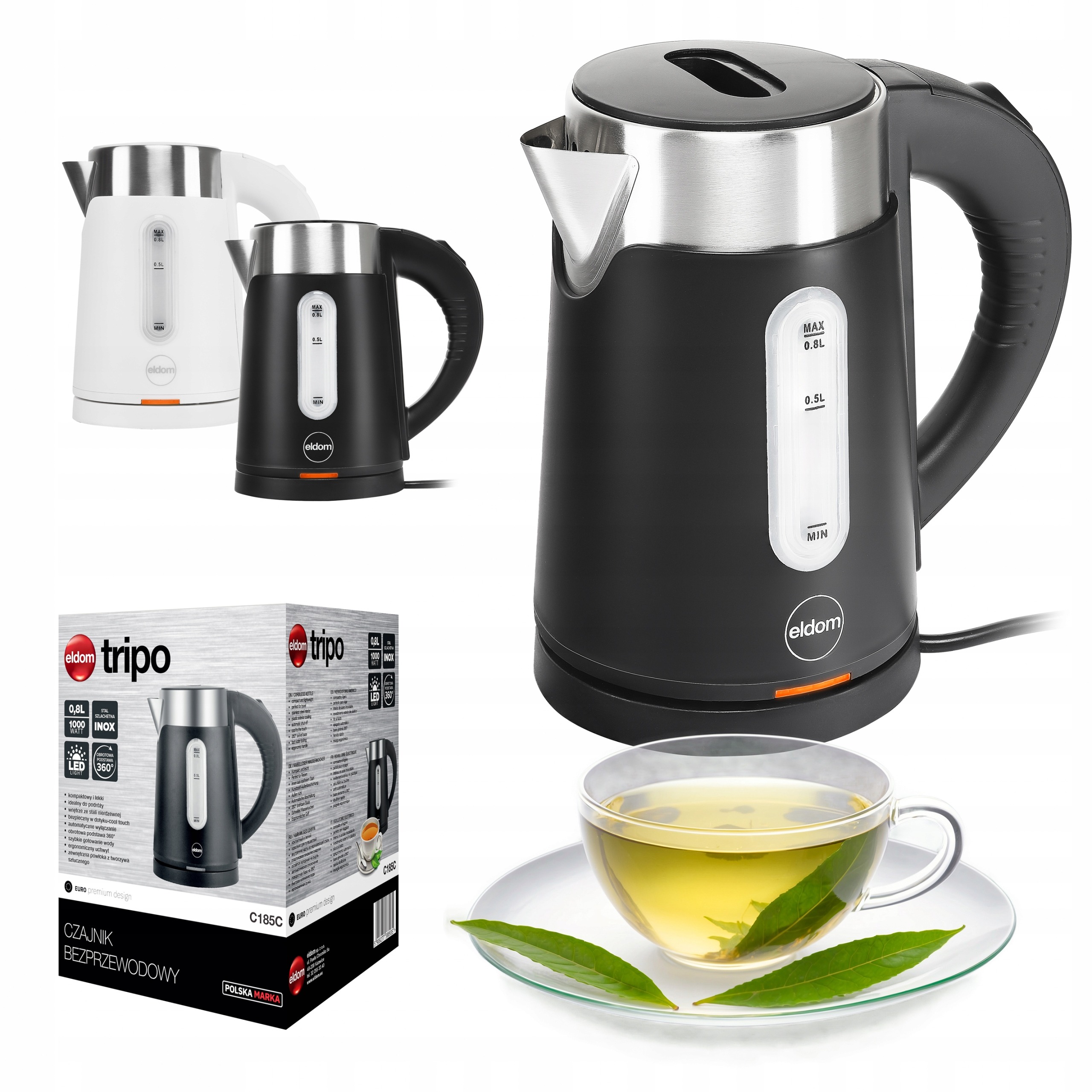 Czajnik elektryczny bezprzewodowy elegancki Eldom C185 1000 W 0,8 l czarny