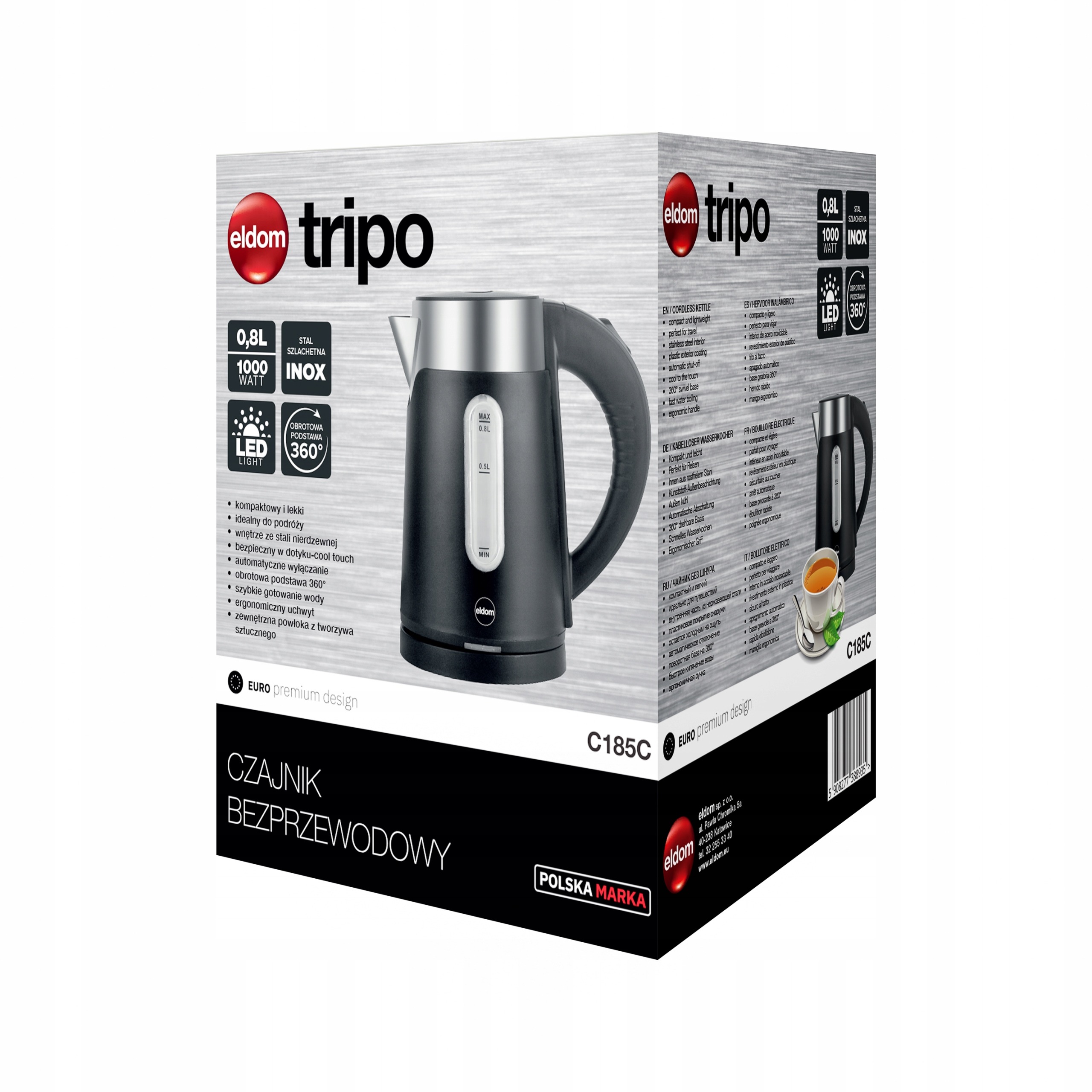 Czajnik elektryczny bezprzewodowy elegancki Eldom C185 1000 W 0,8 l czarny