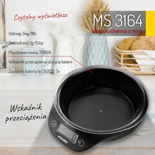 Waga Kuchenna z Misą PRECYZYJNA DOKŁADNA 700ml 5kg/1g LCD Tara Czarna Adler