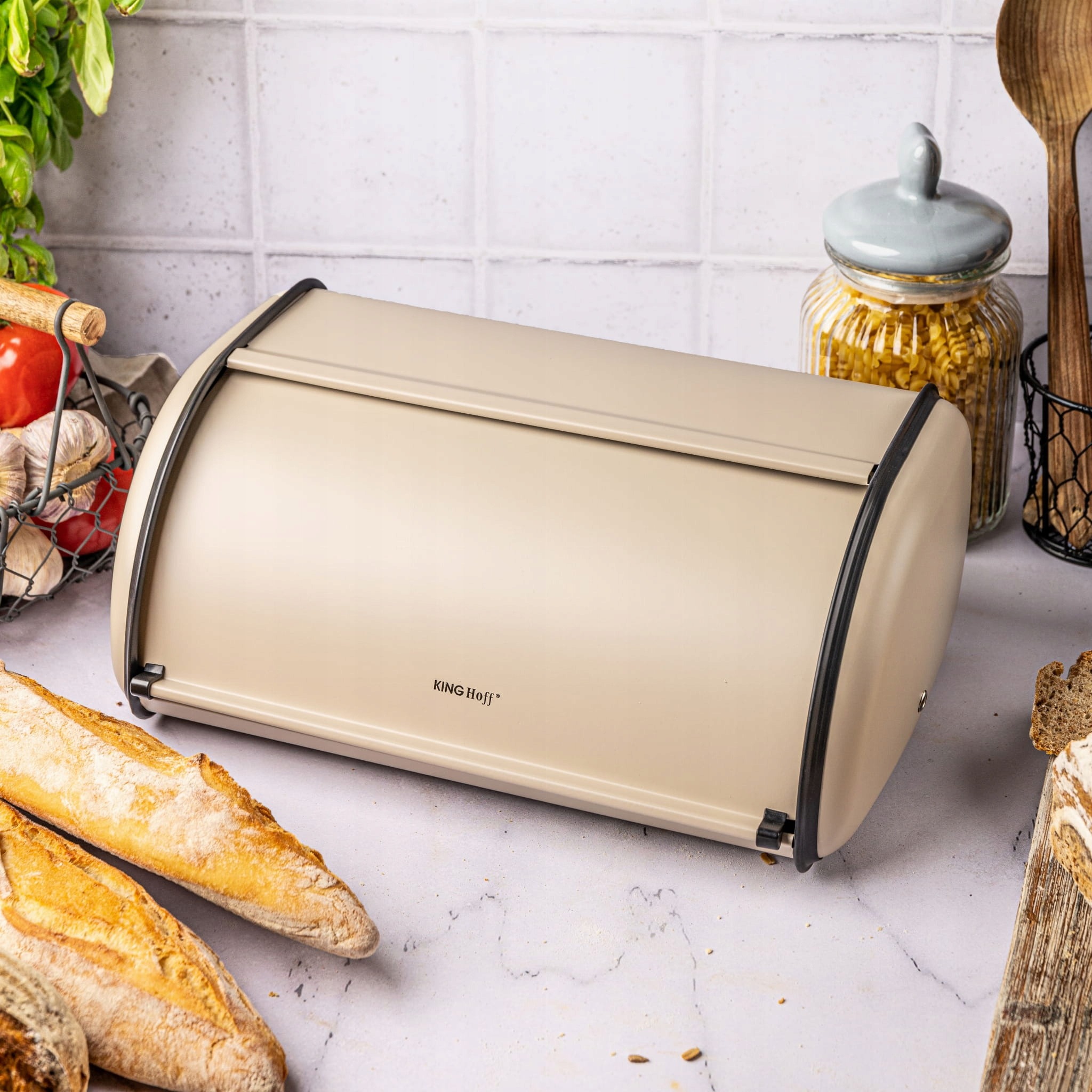CHLEBAK DUŻY POJEMNIK NA PIECZYWO CHLEB METALOWY Kinghoff BEŻ BEŻOWY