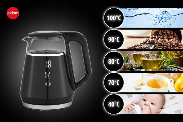 CZAJNIK ELEKTRYCZNY BEZPRZEWODOWY SZKLANY 1L PANEL DOTYKOWY 1100W CZARNY