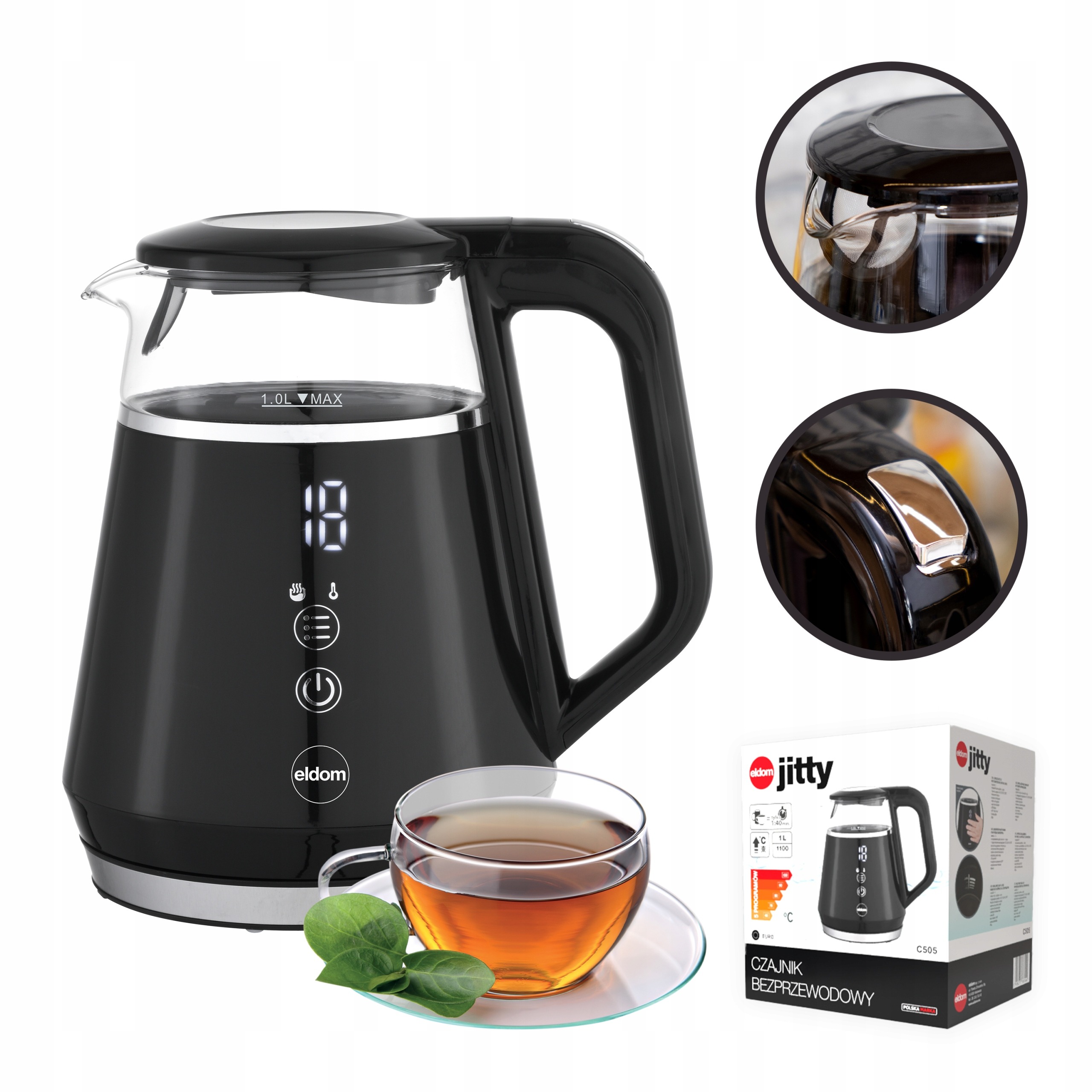 CZAJNIK ELEKTRYCZNY BEZPRZEWODOWY SZKLANY 1L PANEL DOTYKOWY 1100W CZARNY