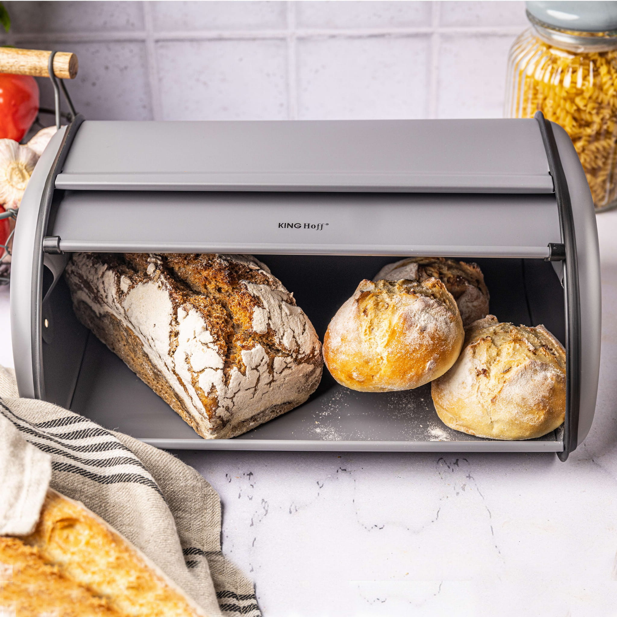 CHLEBAK DUŻY POJEMNIK NA PIECZYWO CHLEB METALOWY Kinghoff SZARY