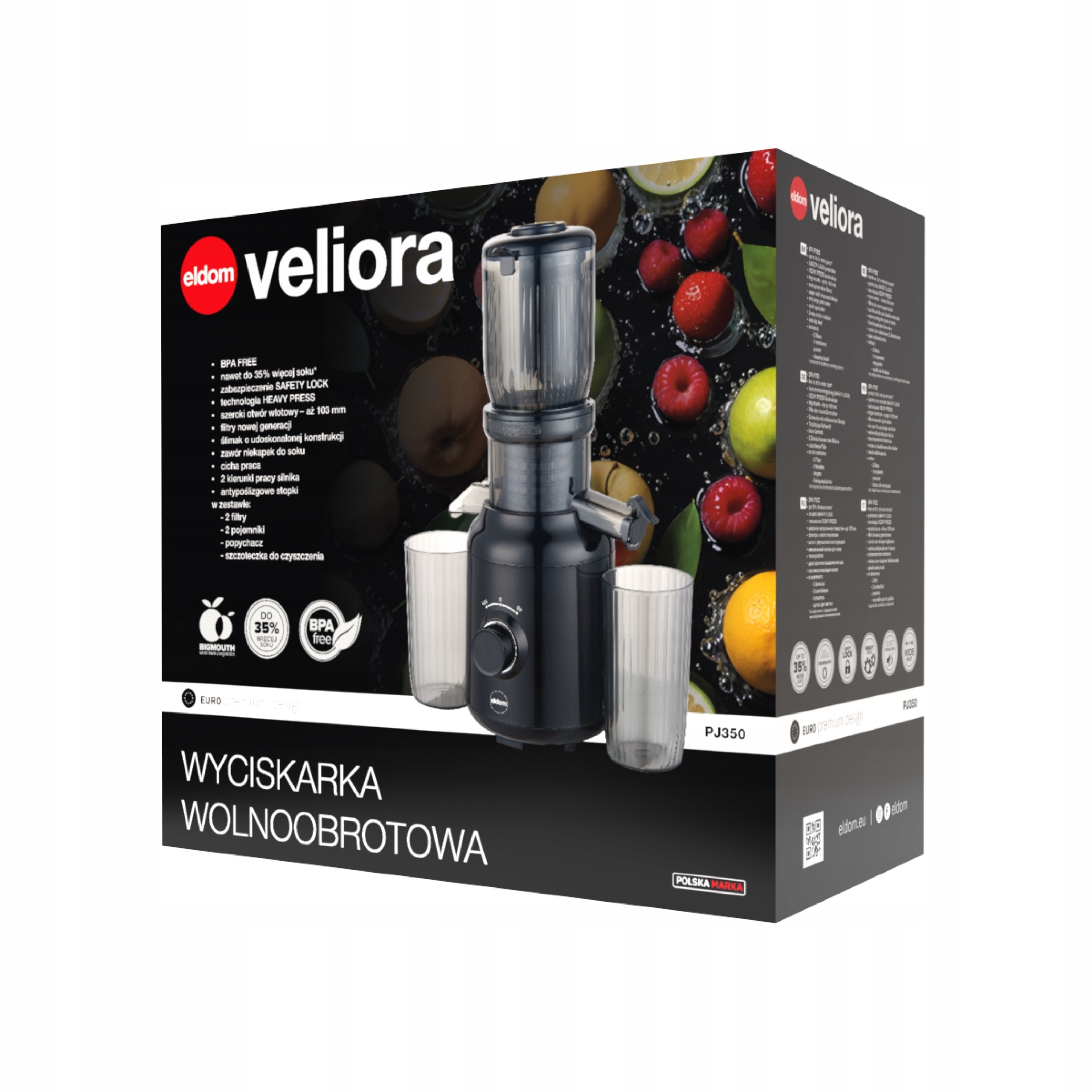 Wyciskarka pionowa wolnoobrotowa do soków PJ350 Eldom 250W