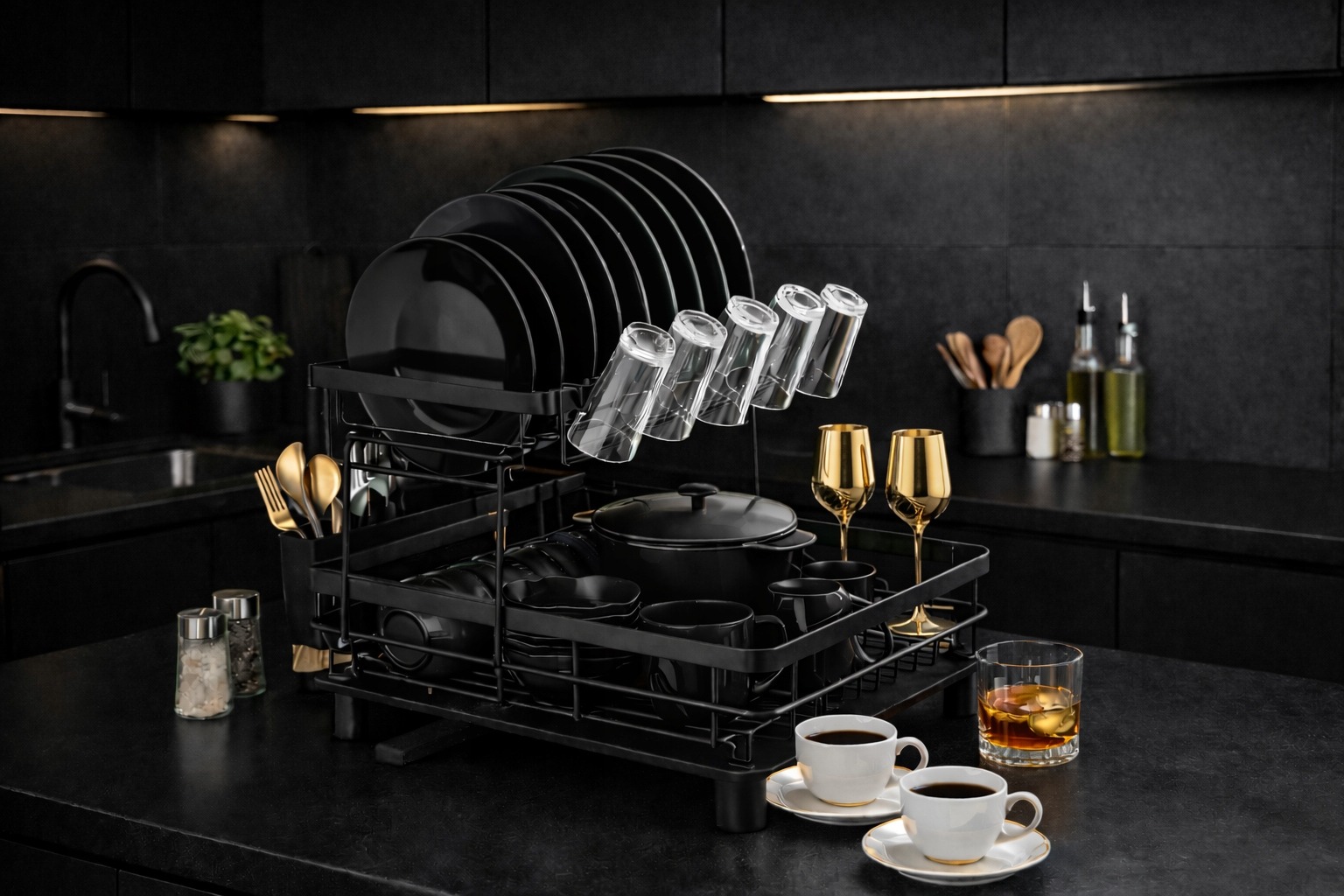 OCIEKACZ DUŻA SUSZARKA DO NACZYŃ DWUPOZIOMOWA TALERZE SZTUĆCE CZARNA XXL