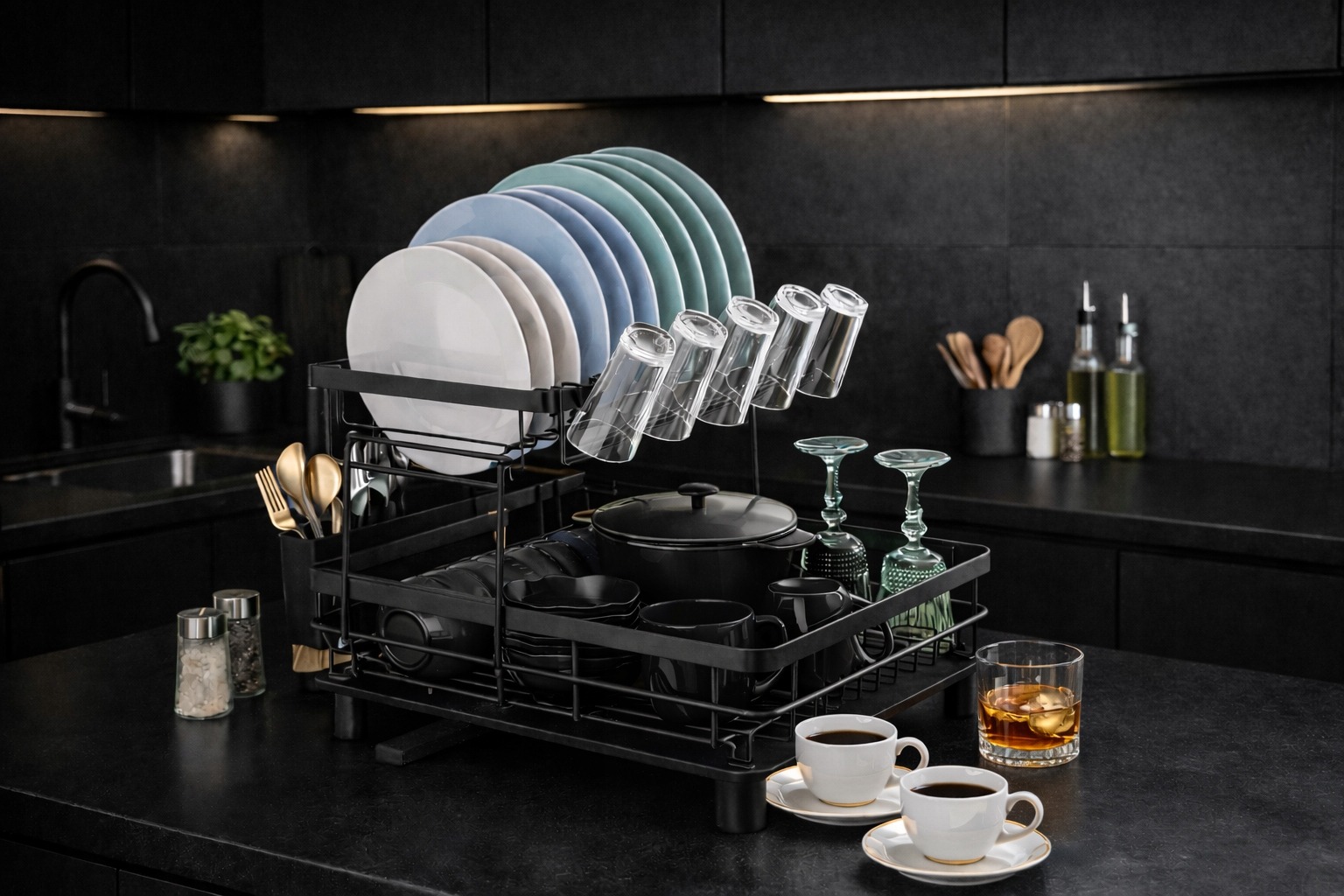 OCIEKACZ DUŻA SUSZARKA DO NACZYŃ DWUPOZIOMOWA TALERZE SZTUĆCE CZARNA XXL