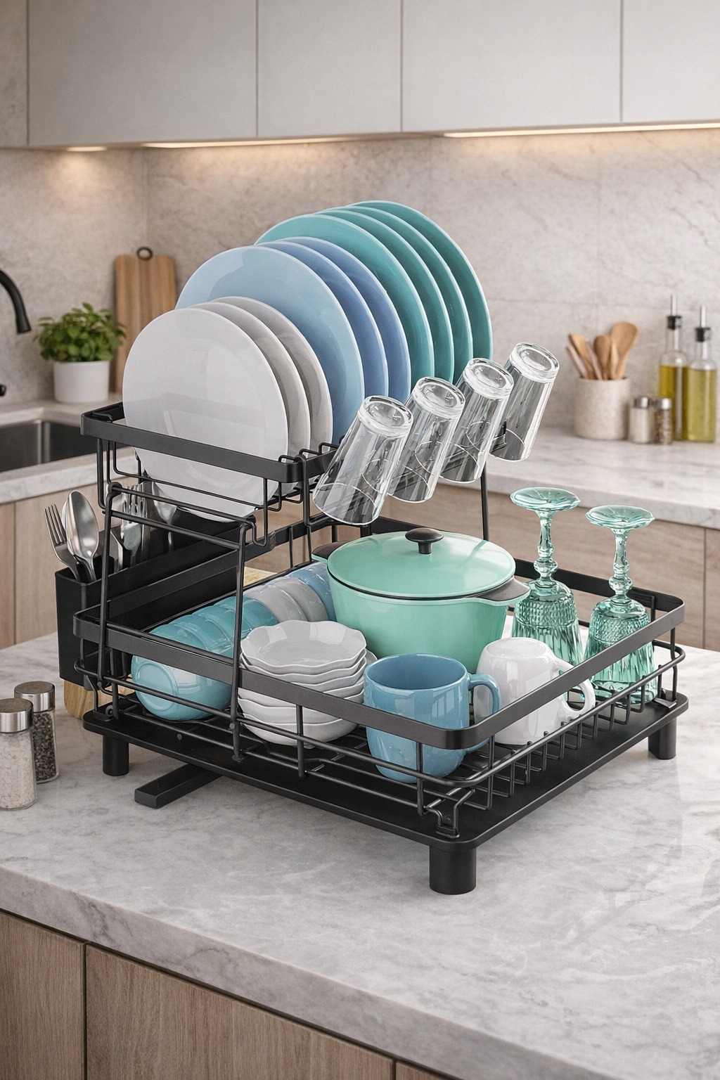 OCIEKACZ DUŻA SUSZARKA DO NACZYŃ DWUPOZIOMOWA TALERZE SZTUĆCE CZARNA XXL