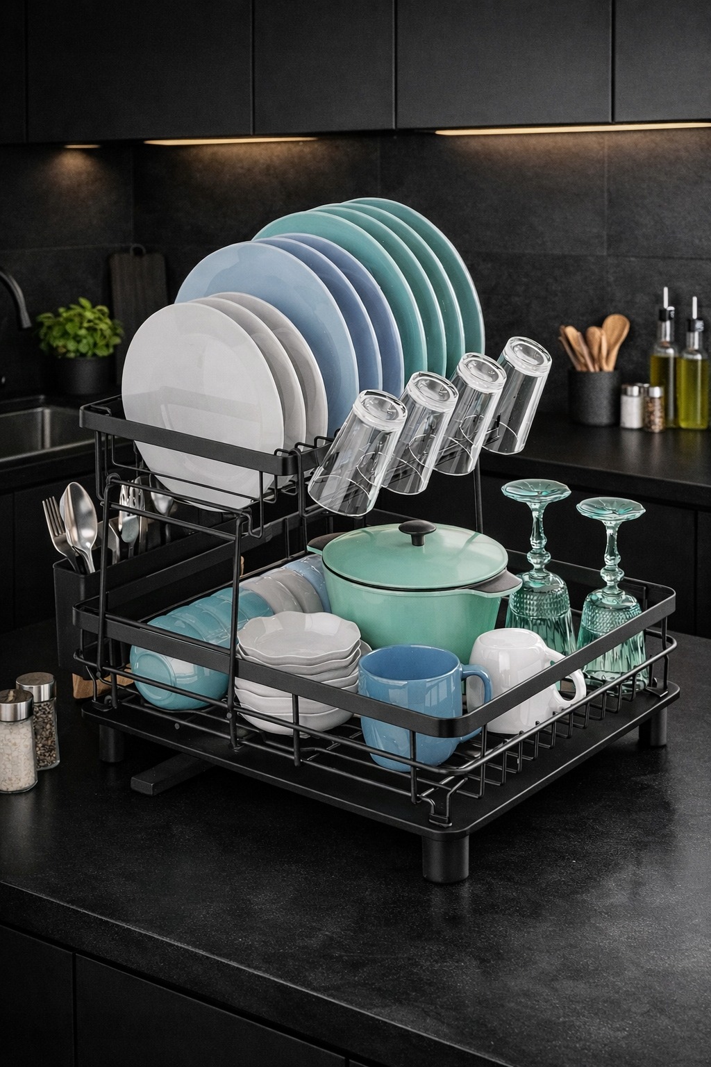 OCIEKACZ DUŻA SUSZARKA DO NACZYŃ DWUPOZIOMOWA TALERZE SZTUĆCE CZARNA XXL