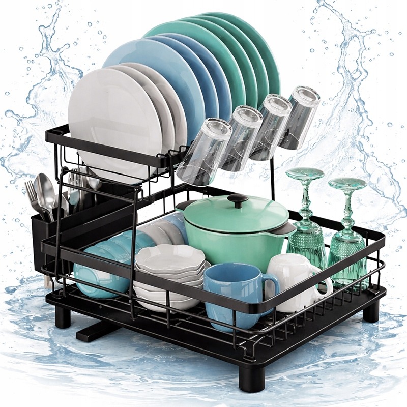 OCIEKACZ DUŻA SUSZARKA DO NACZYŃ DWUPOZIOMOWA TALERZE SZTUĆCE CZARNA XXL