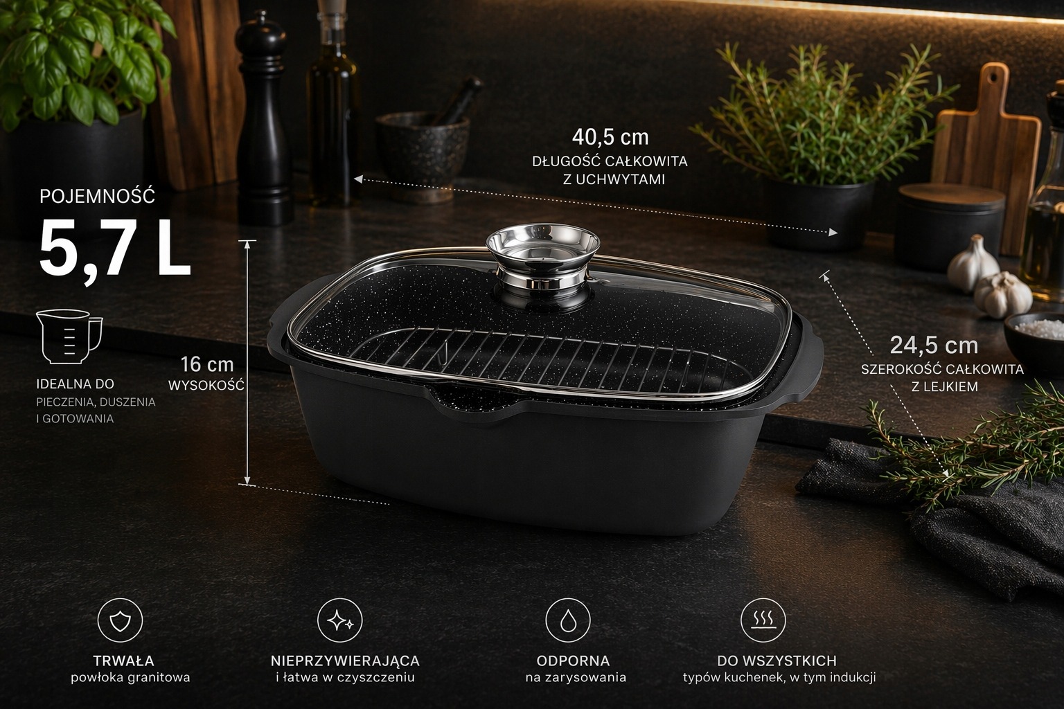 Brytfanna non-stick GARNEK MARMURKOWY GĘSIARKA DUŻA INDUKCJA 6,8 l