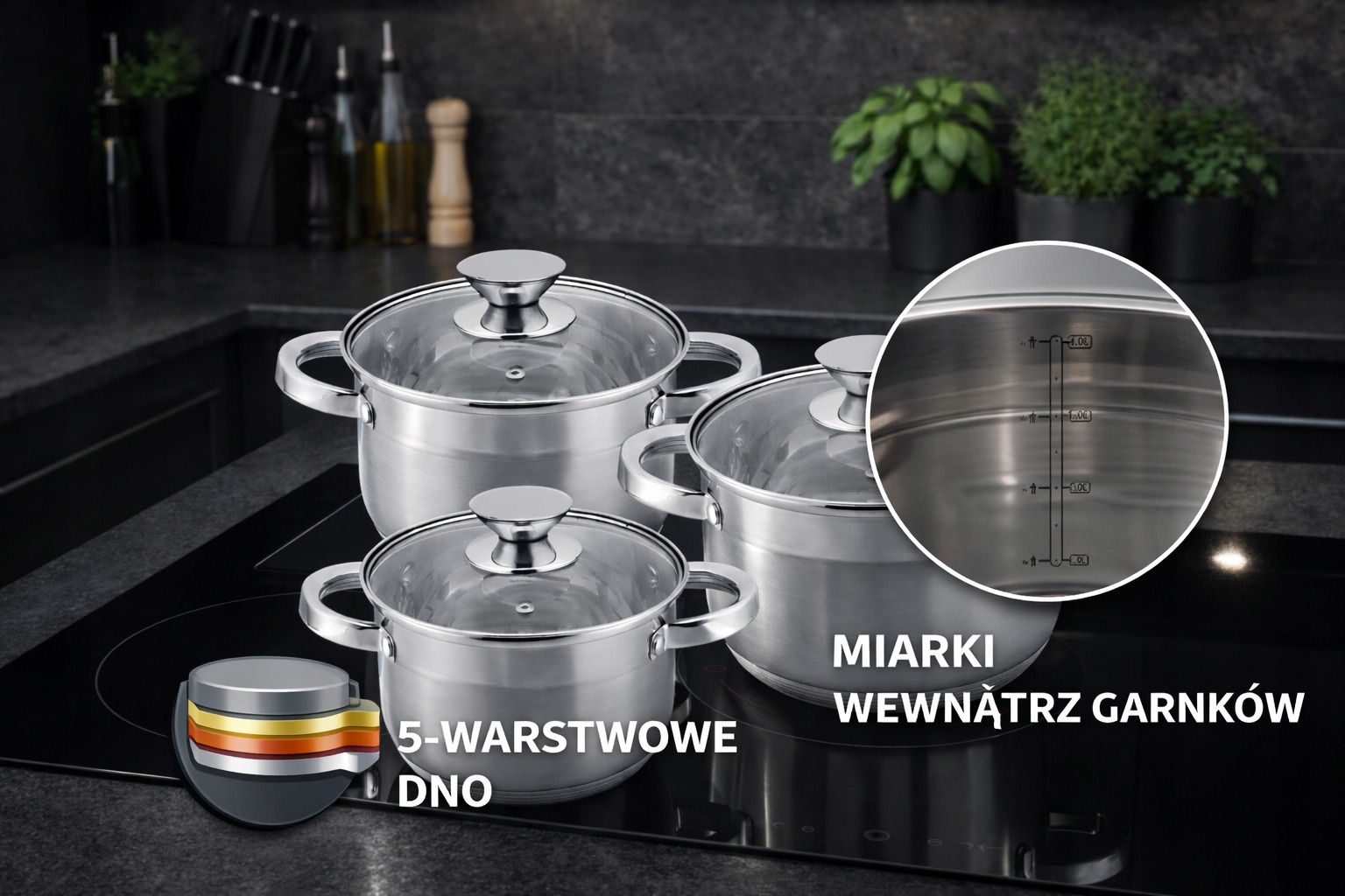 ZESTAW GARNKÓW NA GAZ INDUKCJE KOMPLET KOCIOŁKI GARNKI 5L 4L 3L