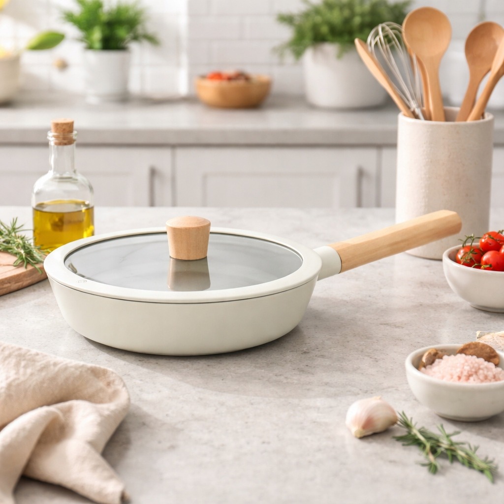 PATELNIA TRADYCYJNA Z POKRYWKĄ DUŻA BIAŁA BEŻOWA 28CM CERAMICZNA INDUKCJA
