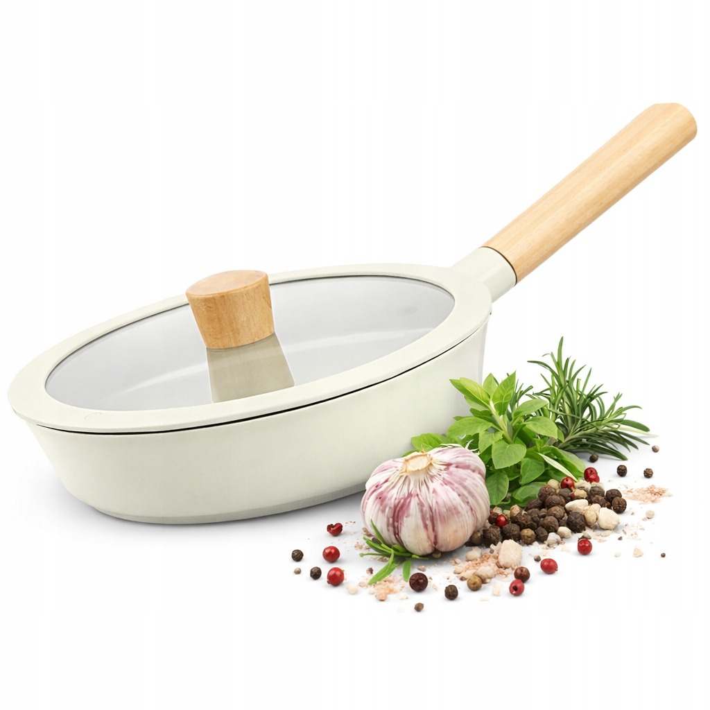 PATELNIA TRADYCYJNA Z POKRYWKĄ DUŻA BIAŁA BEŻOWA 28CM CERAMICZNA INDUKCJA