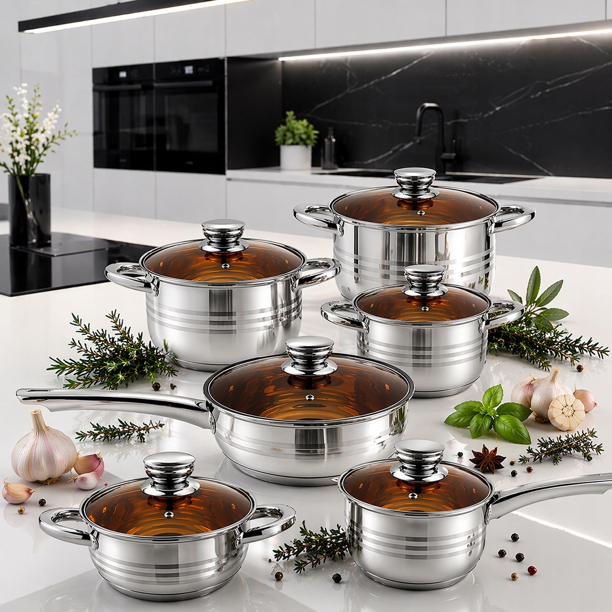 ZESTAW GARNKÓW INDUKCJA KOMPLET GAZ STAL NIERDZEWNA DUŻE KOCIOŁKI 12el