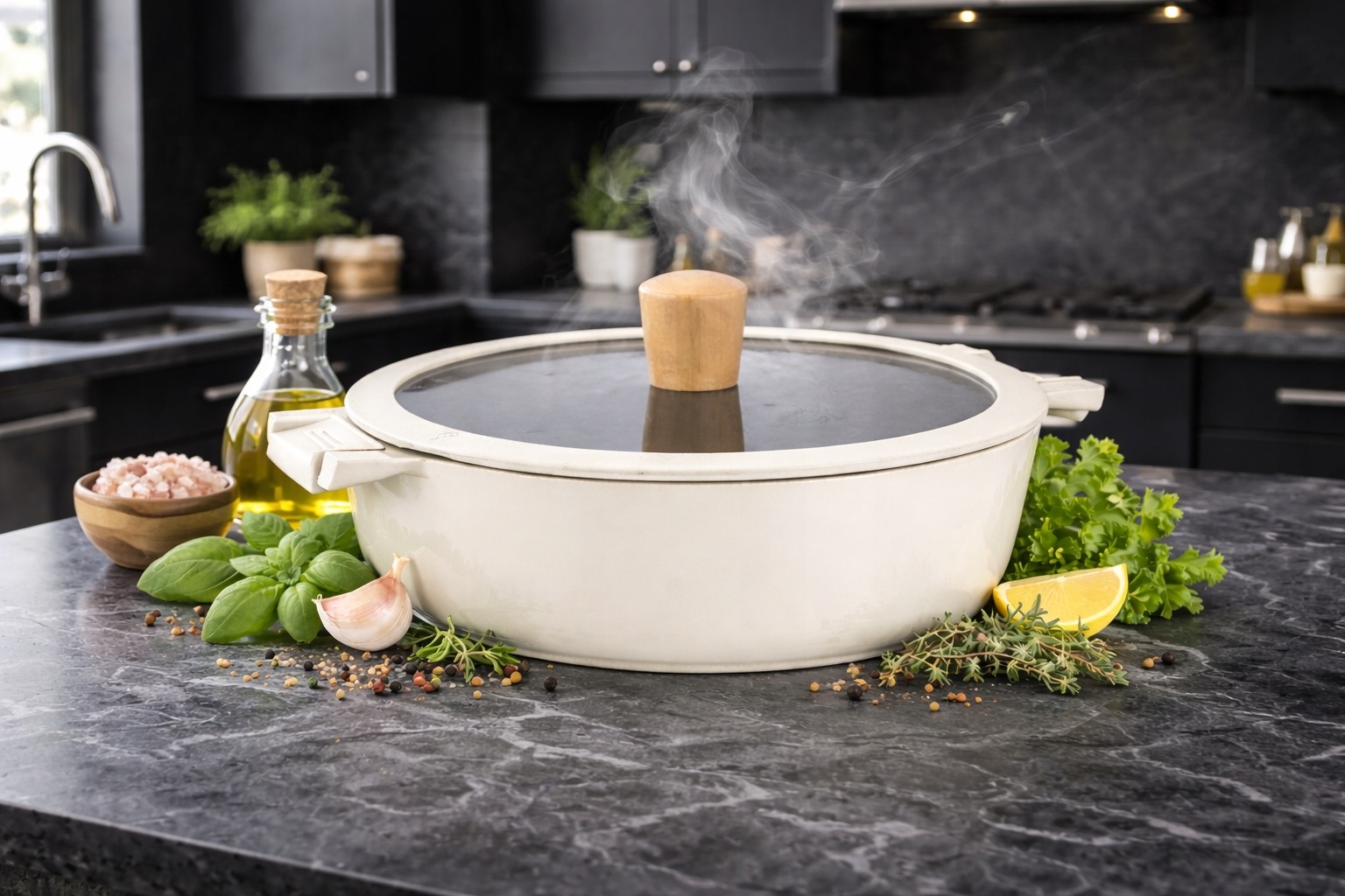 Garnek CERAMICZNY Z pokrywką DUŻY BIAŁY BEŻ 28CM GAZ INDUKCJA GARNKI 4,6L