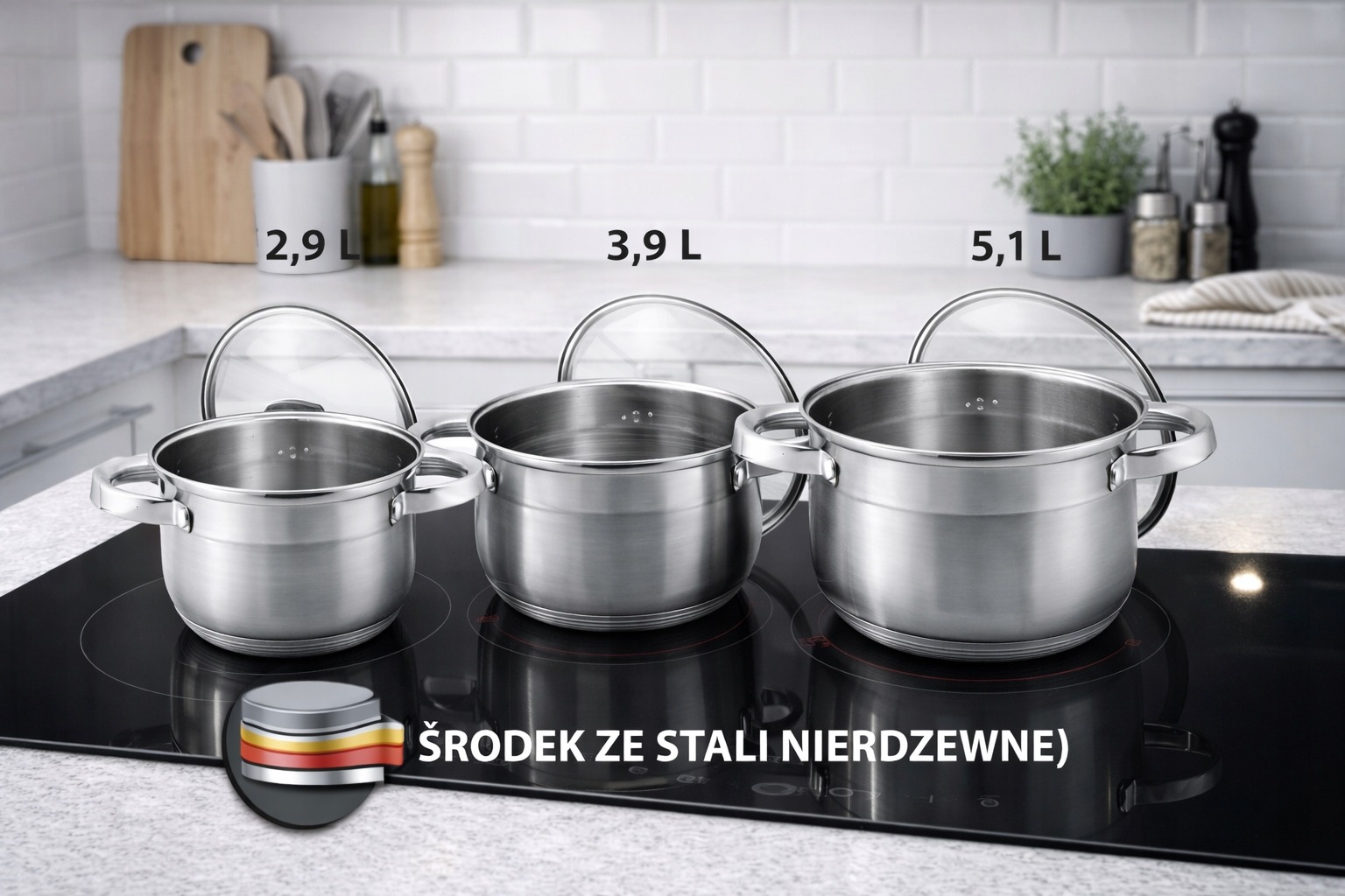 ZESTAW GARNKÓW NA GAZ INDUKCJE KOMPLET KOCIOŁKI GARNKI 5L 4L 3L