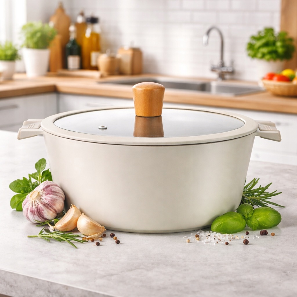 Garnek marmurkowy z pokrywką DUŻY BIAŁY BEŻ 24CM GAZ INDUKCJA GARNKI 5,2L