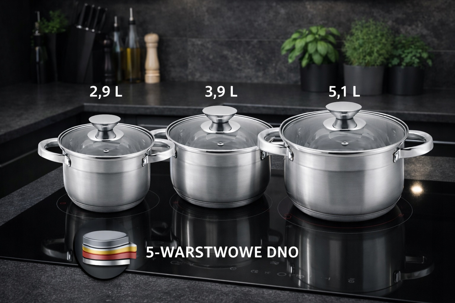 ZESTAW GARNKÓW NA GAZ INDUKCJE KOMPLET KOCIOŁKI GARNKI 5L 4L 3L